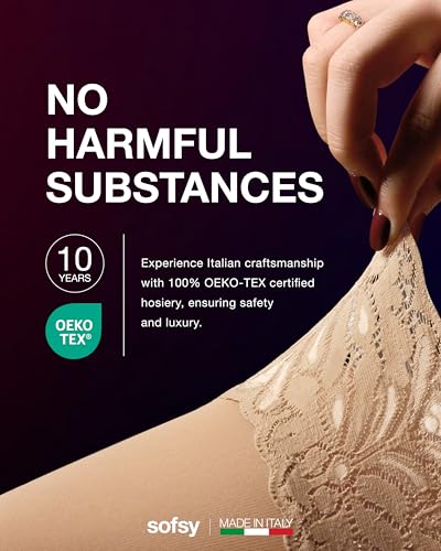 Image of sofsy 100% OEKO-TEX Certified - Italian Women's Opaque Thigh High Stockings | Ultra Soft Dual Silicone Lace Top Stay Ups