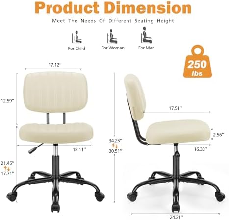 Sweetcrispy Small Office Desk Chair, Armless PU Leather Chair with Comfy Lumbar Support, Height Adjustable Rolling Swivel Task Chair for Adult, Student, Home, Vanity, Beige - 2