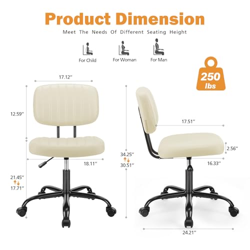 Image of Sweetcrispy Office Desk Chair, Small Vanity Chair, Lumbar Support | Armless PU Leather, Height Adjustable Rolling Swivel Task, Bedroom Home Student, Beige White