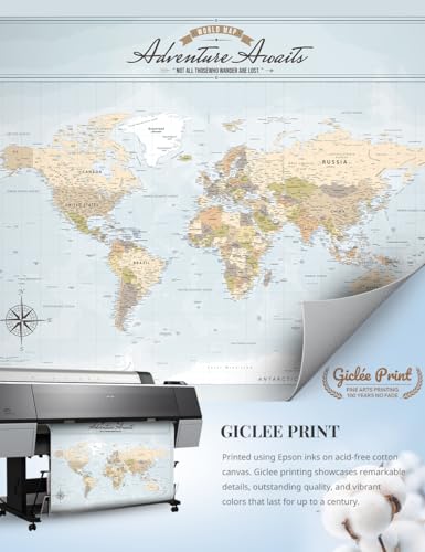 Image of IPIC - Canvas World Maps for Wall Decor, Push Pin Map Decor to Mark Travels, Large World Travel Map Print for Home, Office, Study, and RV, Ready to Hang