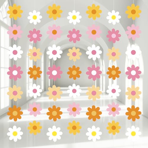 Image of Pasimy 8 Pcs Daisy Boho Party Decorations Groovy Daisy Paper Garlands White Flower Hanging Garland Banner Hippie Flower Cutouts for Birthday Shower Wedding Party Favor Supplies(Groovy,Multicolor)