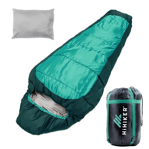 HiHiker Mummy Bag + Travel Pillow w/Compact Compression Sack 4 Season Sleeping Bag for Adults & Kids Lightweight Warm and Washable, for Hiking Traveling & Outdoor Activities (Turquoise)