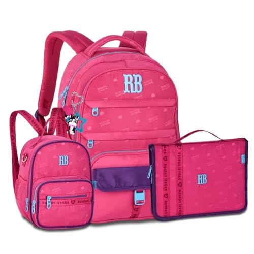 Mochila com Lancheira e Estojo Fichário Rebecca Bonbon Jacquard (Rosa)