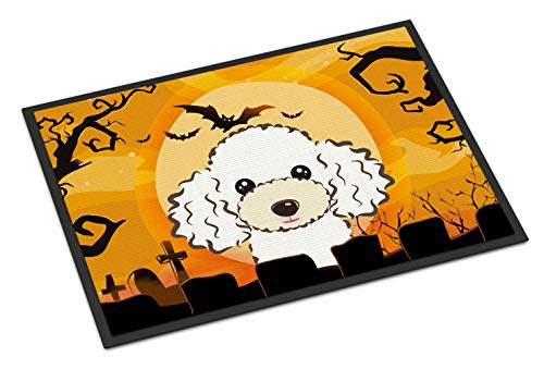Caroline's Treasures BB1815MAT Halloween White Poodle Doormat 18x27 Front Door Mat Indoor Outdoor Rugs for Entryway, Non Slip Washable Low Pile, 18H X 27W