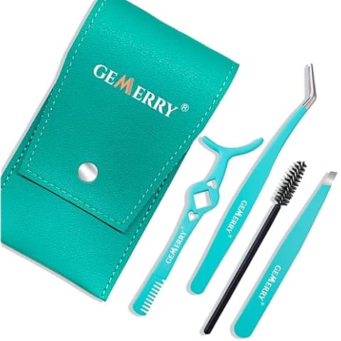 GEMERRY Lash Tweezers for Lash Clusters 4PCS Lash Applicator Tool DIY Eyelash Tweezers Set Stainless Steel lash extension tweezers with Lash Brush and Eyebrow Tweezers Eyelash Applicator Tool Kit Cover