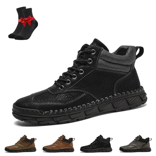 [SYT-MD] Men's Comfortable Handmade Leather Boots, Men's Slip-On Orthopedic Leather Boots, Waterproof Toe Box Shoes(Black,245)