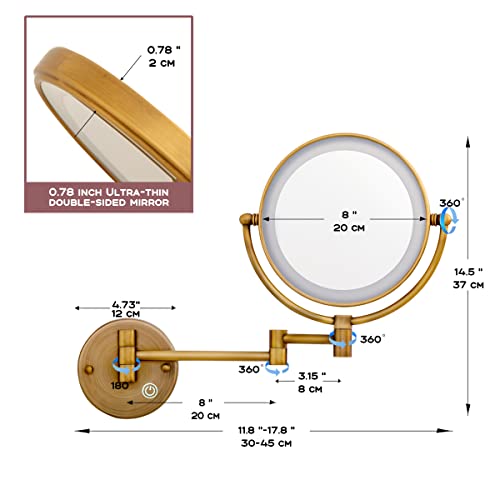 Reckodor 8" Wall Mounted Makeup Mirror With Lights And Magnification,1X And 5X Magnifying Extending Shaving Mirror, No Pre-Installed Wire And Usb Rechargeable, Antique Brass Indoor Arts Ware #TOP4