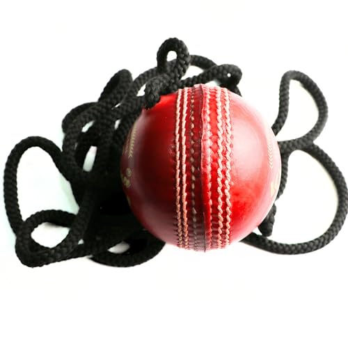 Image of KHELSPACE Knock Leather Cricket Hanging Ball with Rope, Professional Grade Training Ball, Hand-Stitched, Standard Size, Red