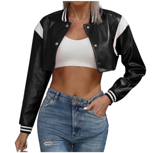 Women's Cropped Faux Leather Jackets Short Bomber Motorcycle Coats Colorblock Crop Moto Biker Jacket Trendy Clothes2