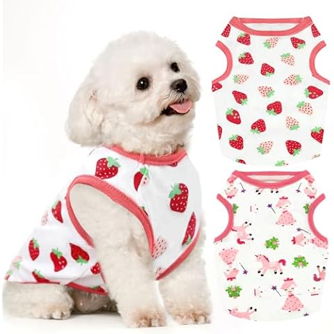 TENGZHI 2 Pack Dog Shirts Soft Stretchy Cotton Summer Pet Dog T Shirts for Small Dogs Cats Cute Cartoon Print Puppy Vest Clothes Lightweight Breathable Sleeveless Doggy Tank Top Outfit Cover