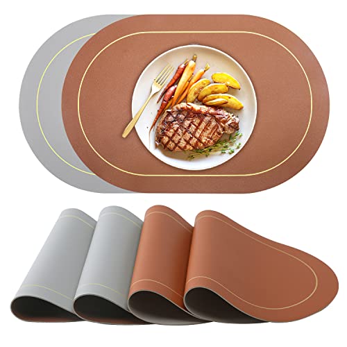 Paquete de 4 manteles individuales de piel sintética de doble cara, ovalados, resistentes al calor, para mesa, impermeables, fáciles de limpiar, 18 x 12 pulgadas (marrón, gris)