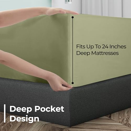 Image of Royale Linens Extra Deep Pocket Queen Fitted Sheet Only - Queen Size Deep Pocket Sage Green Fitted Sheet -Fits 18 to 24 inch Thick Mattress- Soft & Breathable Elastic Sheets (60x80 Inches, Sage Green)