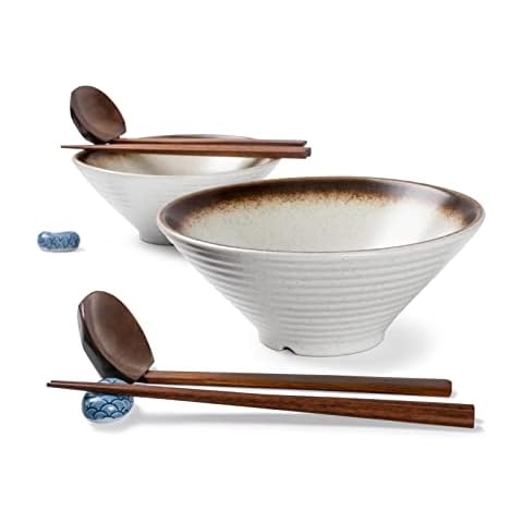 Keramik Ramen Suppenschale Set, 2×1500 ml, 8-teilig, große Nudelschalen mit Löffel und Stäbchen Cover