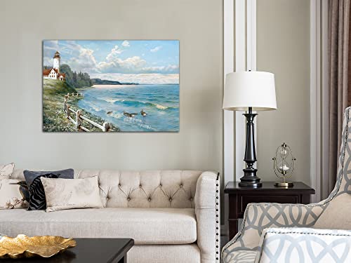 Anolyfi Ocean Coastal Seascape Painting Lighthouse Canvas Wall Art Summer Blue Natural Scenery Picture Modern Artwork Framed For Bathroom Living Room Bedroom Dinning Room Home Office Decor 36"X24" #TOP1