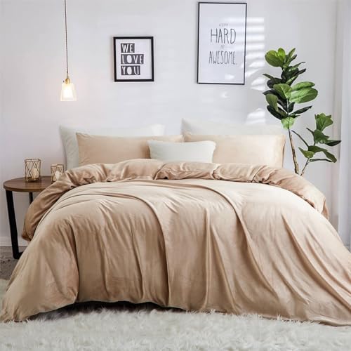 Freyamy Plüsch Bettwäsche 155x220cm 2Teilig Khaki Samt Biber Cashmere Touch Winterbettwäsche Flanell Flauschige Wendebettwäsche Warme Bettbezug...