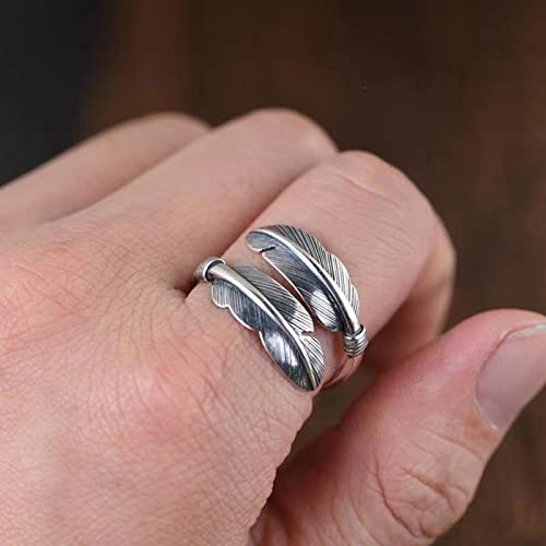 Women Adjustable Feather Rings Open Ethnic Vintage Engagement Rings Bridal Wedding Bands Couple Ring for Her (Silver, One Size)4