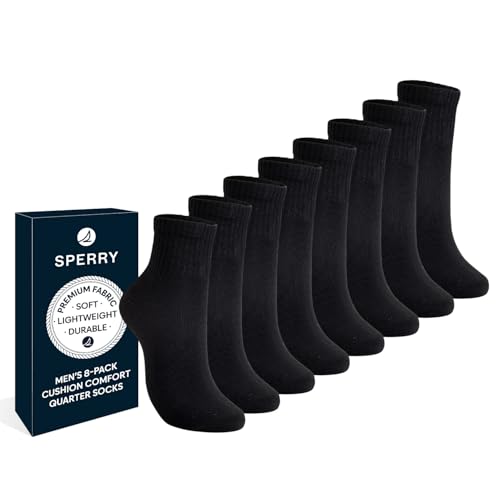 Sperry Men's 8-Pack Comfort Cushion Quarter Socks – Soft Durable Moisture-Wicking Athletic Ankle Socks for Men Shoe Size 6-12