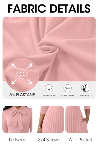Image of FANDEE Maxi Dress for Women Formal 3 /4 Sleeve Pleated Empire Long Dress Semi Formal Tie Neck Office Work Dresses