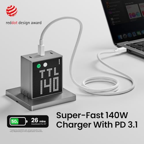 Image of SHARGE Pixel 140 Laptop Charger 140W USB C GaN Charger 3-Port with Smart Dot-Matrix Display PD3.1 Fast Charging for MacBook Pro, iPhone 17 Galaxy S26 (Black)