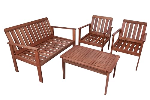 Conjunto Sofá Namoradeira com Poltronas e Mesa de Apoio Em Madeira