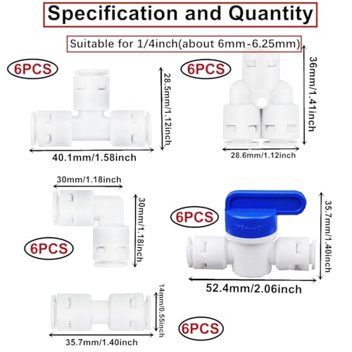 HAXIHA Wasserzulaufleitung Universal Anschluss-Set,30 Stück RO Wasserfilter Fitting 1/4\(6mm) Pushfit gerade Stecker für ühlschrankschlauch, Wasserschlauch (Y + T + I + L Typ Combo+Absperrventil)