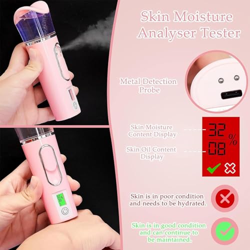 Riakrum 2 Pieces Handy Nano Mist Sprayer with Skin Analyzer Moisture Tester Portable Nano Facial Mister Face Steamer Atomization Mini Eyelash Extensions USB Rechargeable Moisturizing & Hydration for Skin Care