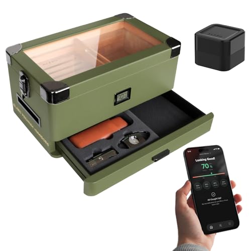 Case Elegance Military Glass Top Humidor, matowy zielony z cyfrowym higrometrem z przodu, hiszpański cedar, rozwiązanie nawilżające, system wody i akcesoria do pianek - Uchwyty (70-100 cygar) firmy