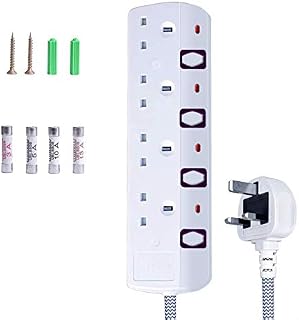 4 Way Extension Lead with Switches Power Strip Multi Plug with 1.8M/5.9FT Long Nylon Braided Cable Wall Mountable for Home Office - White