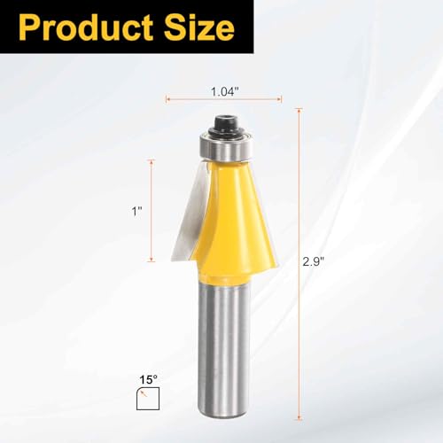 Image of HARFINGTON 15 Degree Chamfer Router Bit 1 /2 Inch Shank 1 inch Cutting Length Carbide Tip with Bearing for Woodworking Milling Cutter Tool, Yellow
