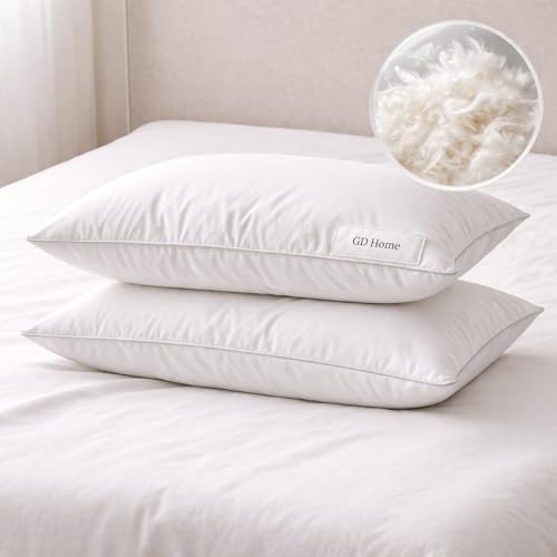 Image of Goose Feather Pillow Pack of 2 (20x36 in, King) | Premium Goose Feather Filling | Soft, Fluffy Hotel Quality | Breathable Cotton Cover | Medium Firm Support | White