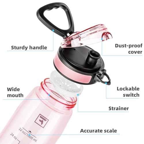 Image of Fanhaw 32 oz Clear Plastic Water Bottle, BPA Free Leakproof Tritan Sports Water Bottle with Chug Lid, Wide Mouth Reusable Bottle for Gym, Travel, School & Office (Cherry Blossom)