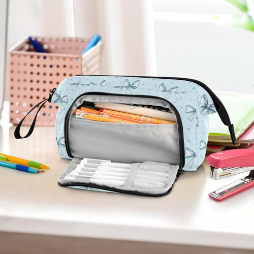 Image of Blue Ribbon Bow Pencil Case Pouch Big Capacity Pencil Bag Box Organizer Pen Case with Handle Stationery Organizer for Kids Boys Girls College