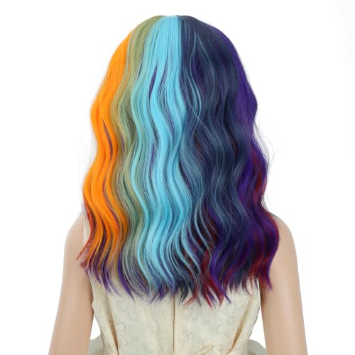 Image of PATTNIUM Colorful Wavy Wigs for Kids Girls Rainbow Side Part Shoulder Length Heat Resistant Synthetic Wig Halloween Cosplay Costume Party Wigs