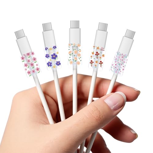 Thinp 5 Pcs Flower Charger Cable Protector, Cute Cable Protector for Chargers Transparent Phone Charger Protectors Detachable & Washable Charging Cord Protectors for Phone Type-C Ptu