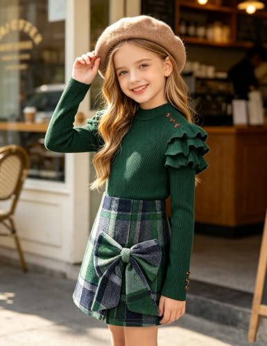Image of Girls Clothes 2 Piece Ruffle Long Sleeve Shirt Top and Bow Plaid Skirt Set Girls Fall Winter Outfits 6-16 Years