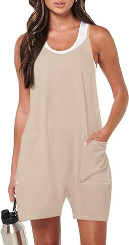 Haibang Mono de verano para mujer, informal, corto, con tirantes sueltos, mono de una pieza, sin mangas, tirantes finos, traje de verano, con bolsillos grandes, albaricoque, XXL