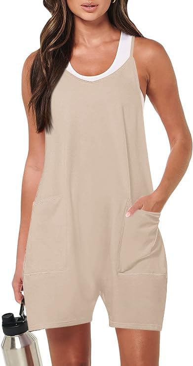 Haibang Mono Mujer Verano Corto Sin Mangas Cuello en V Peto Mujer Verano Espaguetis Sueltos Una Pieza Jumpsuit Casual Mono Pantalon con Bolsillos