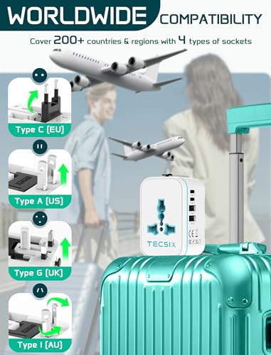 Image of Universal Travel Adapter Worldwide, TECSIX International Plug Adapter with 2 USB-C & 2 USB-A Ports, 5-in-1 Travel Power Adapter for EU UK US AUS, Compact Travel Essentials for 200+ Countries