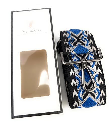 Image of Black Blue Boho Diamond Purse Strap with Gunmetal Black Hardware 2 Inch Wide Replacement Crossbody Guitar Style Shoulder Strap for Handbags Totes