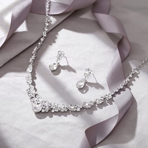 EVER FAITH Rhinestone Crystal Bridal Floral Teardrop Necklace Earrings Set Clear Silver-Tone - Thumbnail 5