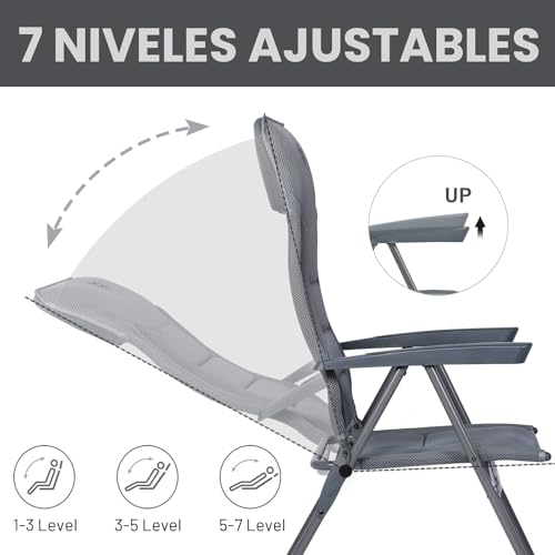 Miniatura 4 de Timber Ridge Silla De Jardín Plegable De Aluminio Con Respaldo 7 Posiciones Alto Ajustable Con Reposabrazos Reposacabezas Acolchado 2 Pcs, Gris
