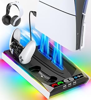 PS5 Stand for PS5 Slim Disc/PS5 Disc & Digital, 3-Level Cooling Station and RGB LED with Controller Charger for PS5 & Edge Controller, PS5 Accessories with 3 USB HUBs (Not Fit PS5 Slim Digital)