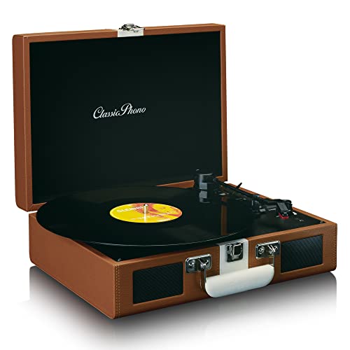 Classic Phono By lenco Tt-120 Platine à Disque avec Batterie Intégrée Bluetooth 33, 45, 78 Rpm - entraînement Par Courroie - 2 Haut-Parleurs - aux-In, Rca-Out 3,5 Mm - Marron/Blanc