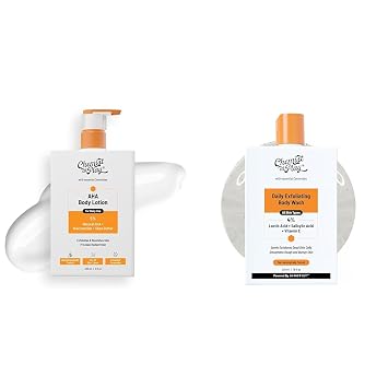 Chemist at Play The Shower-to-Softness Duo| Gentle Exfoliating Body Wash for Rough & Bumpy Skin 236ml| AHA Body Lotion for Dry, Dull Skin 236ml