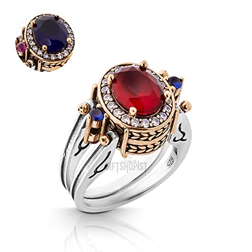 Turkish Handmade Jewelry Reversible Oval Shape Sapphire Ruby Round Cut White Topaz 925 Sterling Silver Ring Size All #TOP1