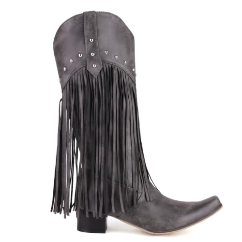 Image of KiutSymo Mid Calf Fringe Boots For Women Cowboy Pointed Toe Chunky Heels Cowgirl Western Tassel Boots