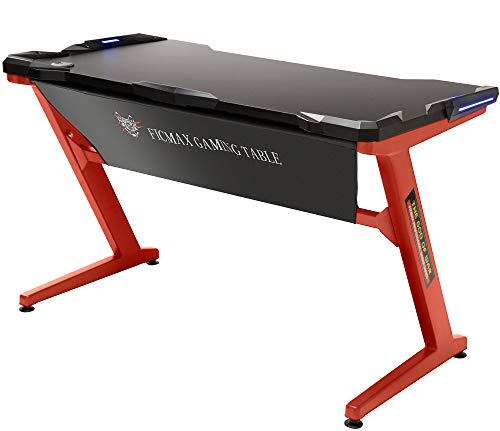 Ficmax Computer Gaming Desk Z Leg Gaming Desk with LED Light Ergonomic PC Desk for Gamer Pro Computer Table with Leather Fender Cloth Z Shape Home Office Desk Large Size E-Sports Gaming Table (Red)
