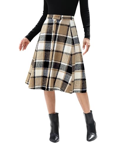 luvamia Plaid Skirts for Women Midi Length High Waisted Button Down A Line Fall Winter Elastic Waist Skirt with Pockets