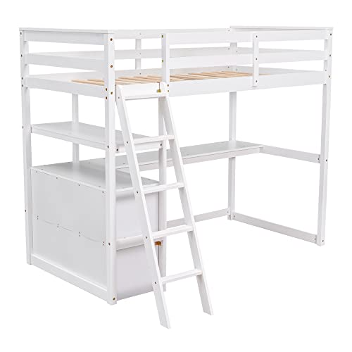 Biadnbz Twin Size Loft Bed With Desk And Shelves, Stylish Bedframe With Two Built-In Drawers For Kids Teens Bedroom,No Need Spring Box,White #TOP2