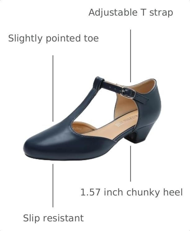 Image of MAIERNISI JESSI Women's T-Strap Mary Jane Pumps, Low Block Heel, Closed Toe, Buckle Ankle Strap